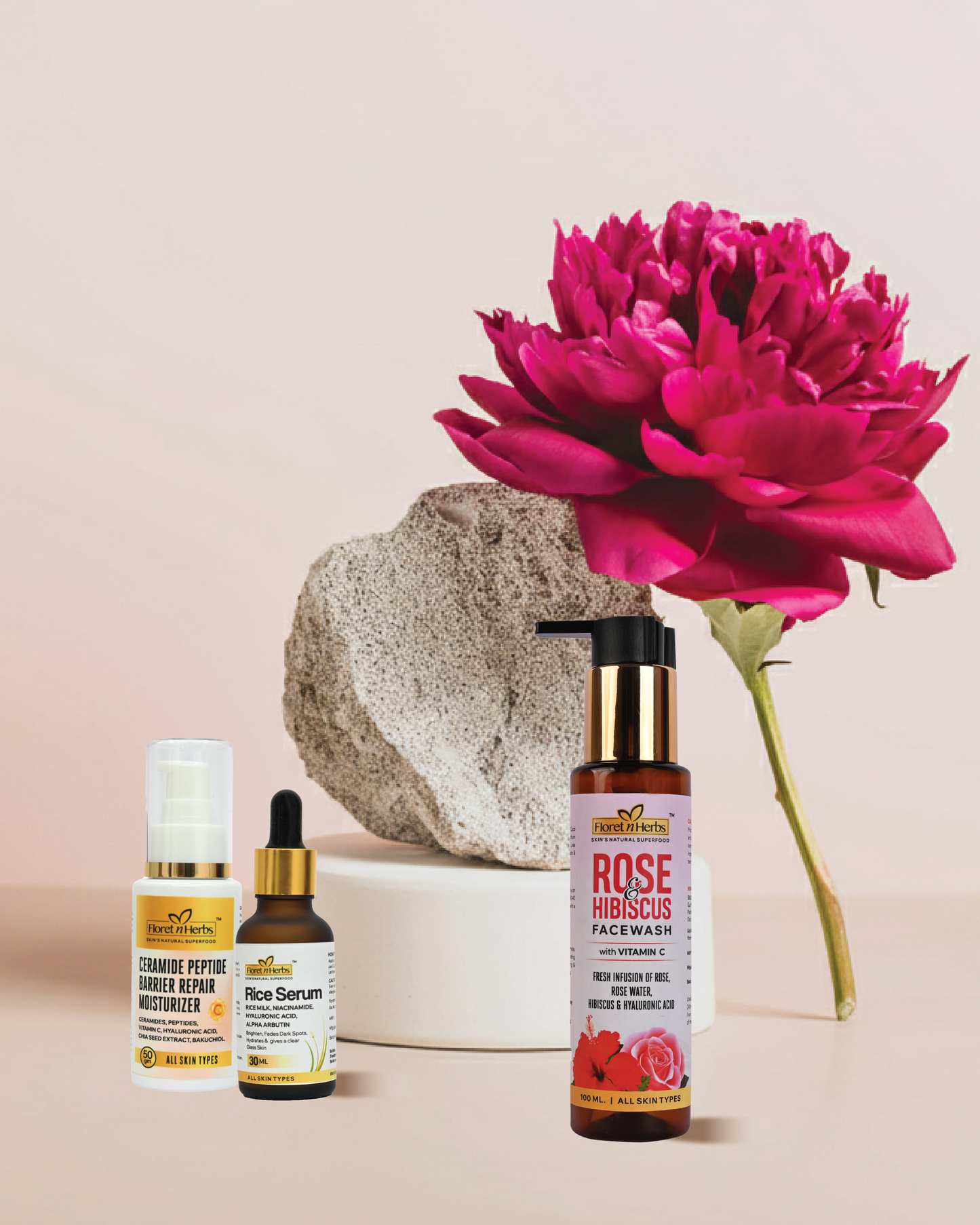 ROSE AND HIBISCUS FACEWASH + RICE SERUM + CERAMIDE PEPTIDE MOISTURIZER