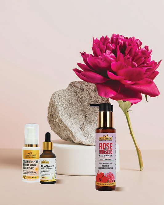 ROSE AND HIBISCUS FACEWASH + RICE SERUM + CERAMIDE PEPTIDE MOISTURIZER
