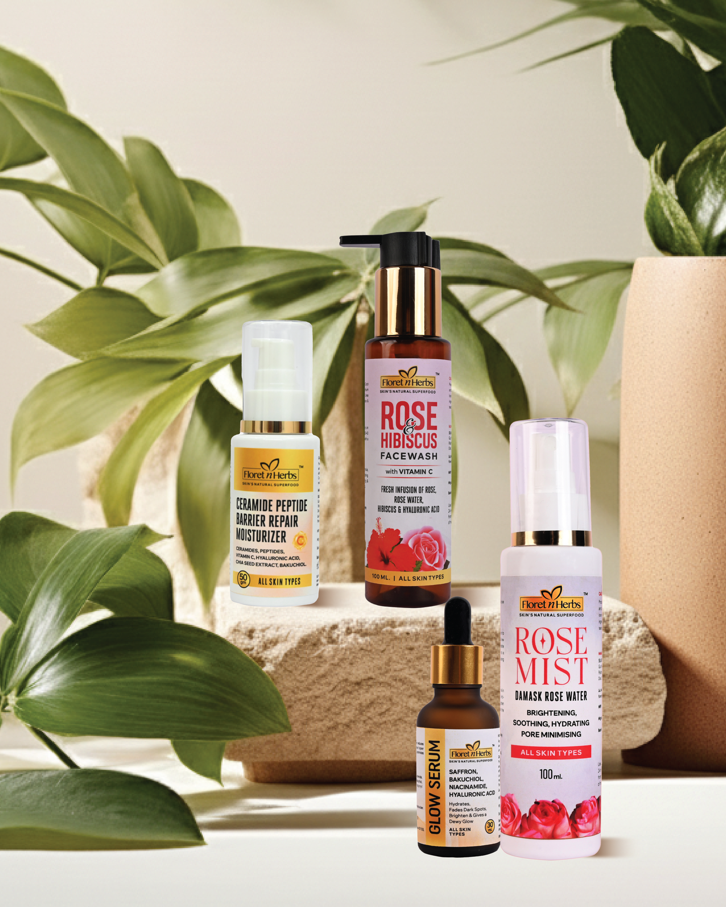 ROSE AND HIBISCUS FACEWASH + ROSE MIST + GLOW SERUM + CERAMIDE PEPTIDE MOISTURIZER
