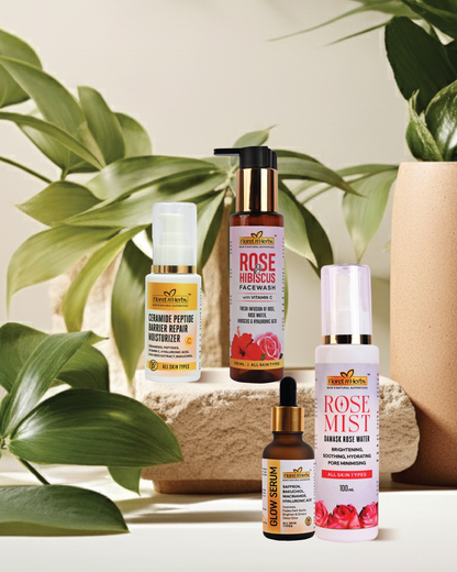 ROSE AND HIBISCUS FACEWASH + ROSE MIST + GLOW SERUM + CERAMIDE PEPTIDE MOISTURIZER