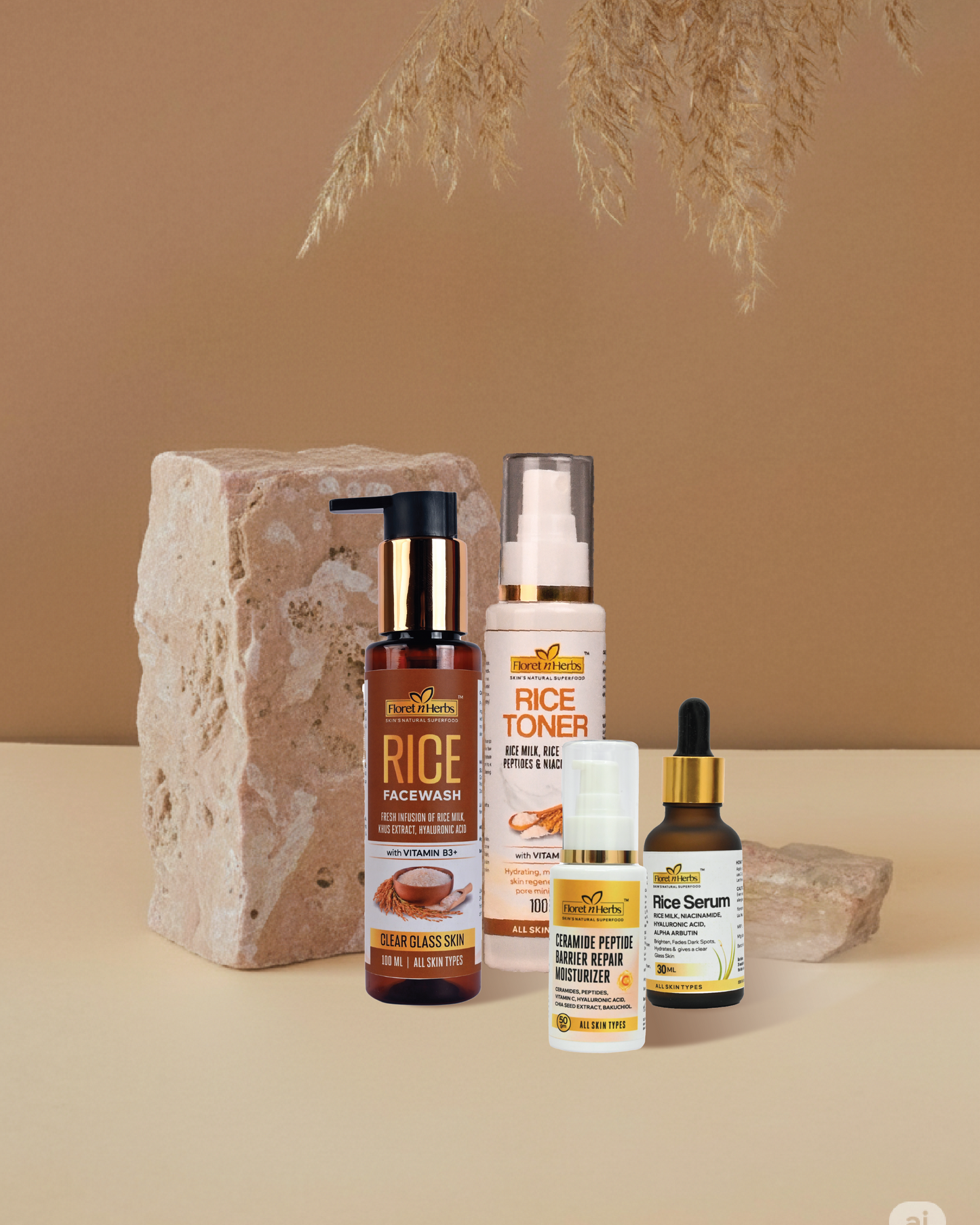 RICE FACEWASH + RICE TONER + RICE SERUM + CERAMIDE PEPTIDE MOISTURIZER