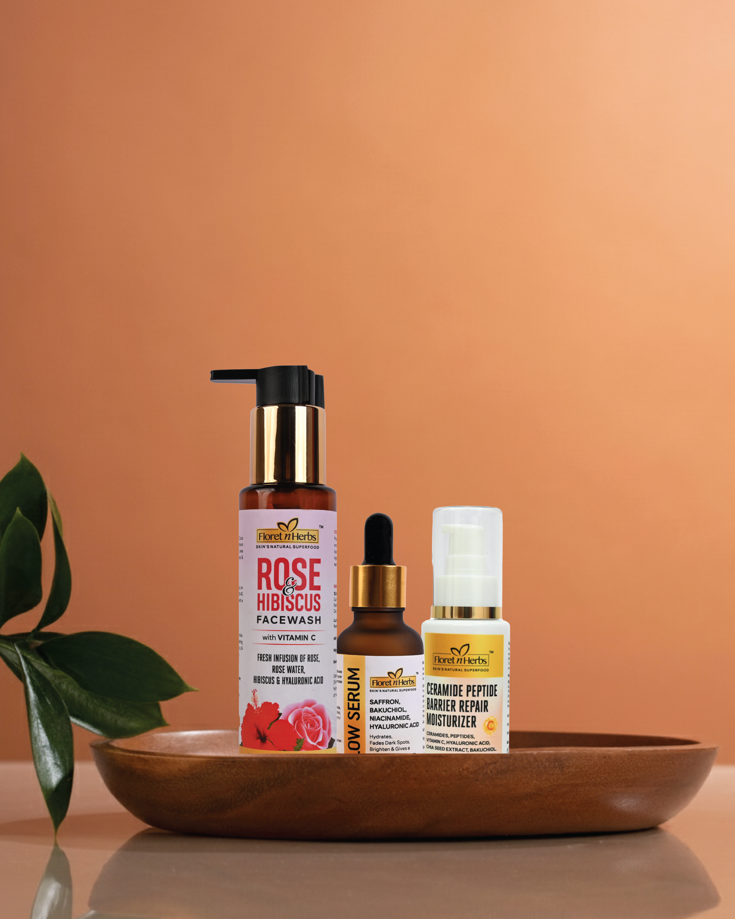 ROSE AND HIBISCUS FACEWASH + GLOW SERUM + CERAMIDE PEPTIDE MOISTURIZER
